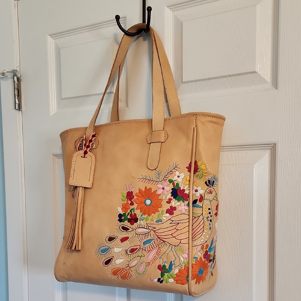 Tan Floral Embroidered Tote Bag with Leather Straps